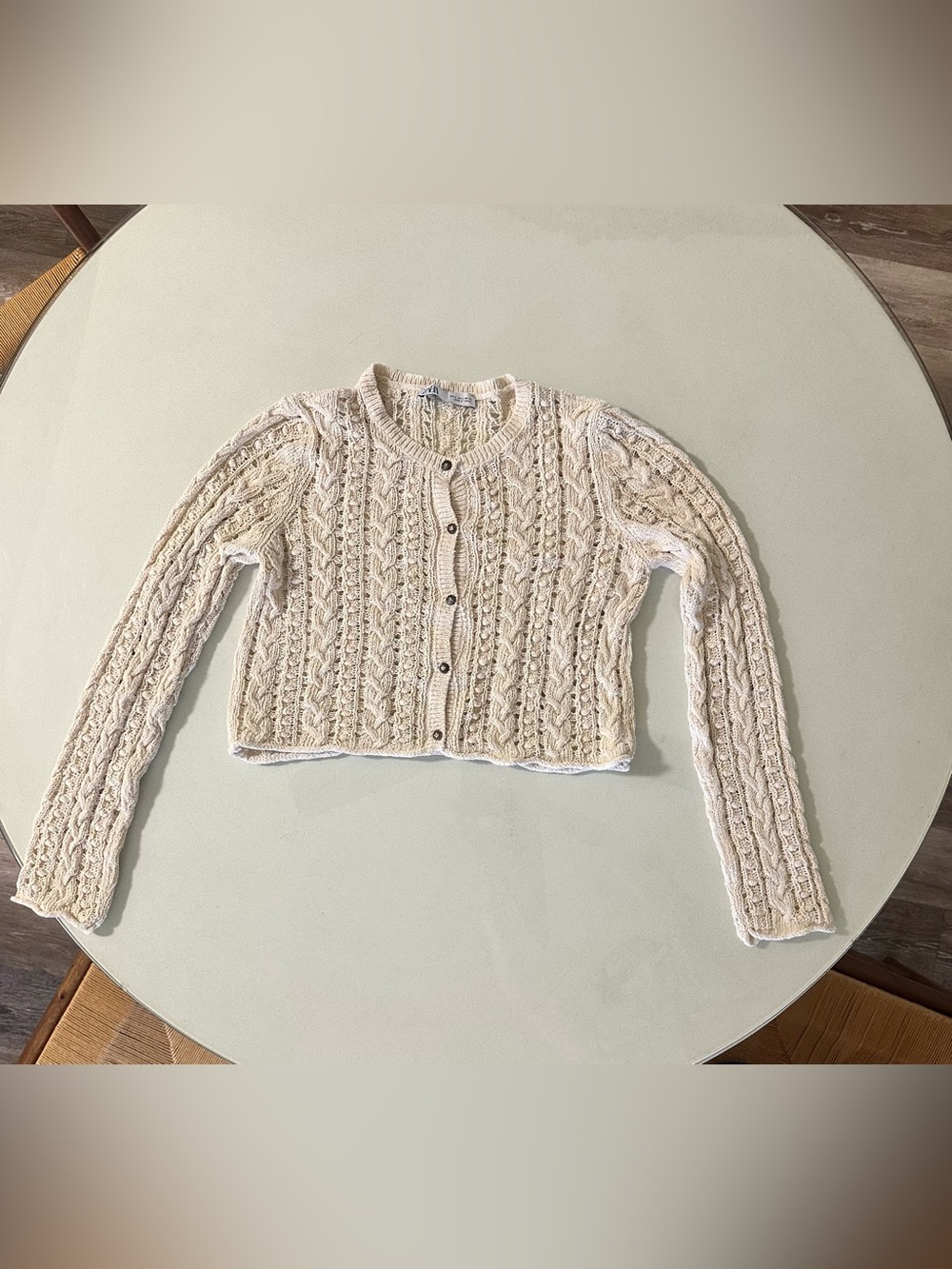 Zara Knit Cropped Cable Knit Cardigan Cream Beige Size S